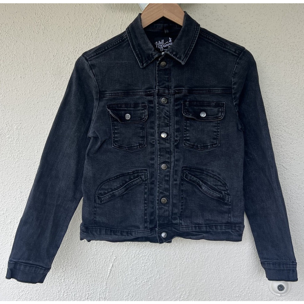 Hell Bunny Black Washed Denim Jean Jacket Retro Rockabilly Goth Punk Size Medium